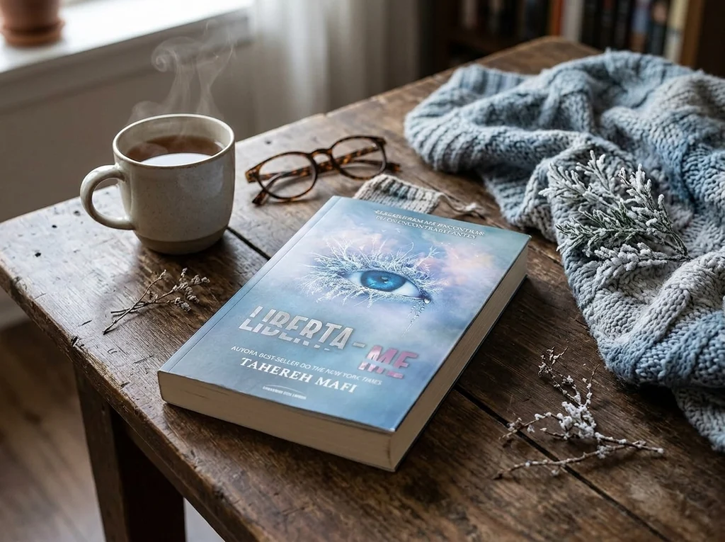 Livro “Liberta-me”, de Tahereh Mafi, numa mesa de madeira rústica, ao lado de uma xícara de café fumegante, óculos de grau e uma manta de tricô azul.