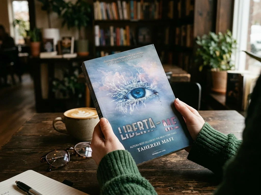 Pessoa a segurar o livro “Liberta-me”, de Tahereh Mafi, com uma camisola verde, numa mesa de madeira com uma xícara de cappuccino, óculos e caderno, com estantes de livros ao fundo.