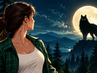 Mulher observando um lobo sob a luz da lua cheia em uma floresta noturna.