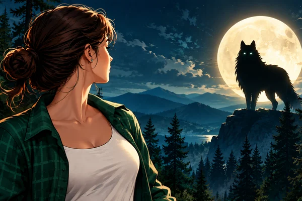Mulher observando um lobo sob a luz da lua cheia em uma floresta noturna.