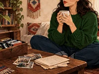 Mulher sentada em uma sala aconchegante, segurando uma caneca ao lado de fitas cassete, fotografias antigas e cartas.