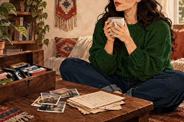 Mulher sentada em uma sala aconchegante, segurando uma caneca ao lado de fitas cassete, fotografias antigas e cartas.