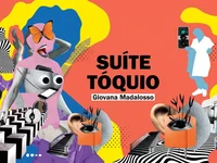 • Banner retangular em formato paisagem no estilo colagem moderna abstrata, inspirado no livro "Suíte Tóquio". Traz tons vibrantes de amarelo, coral e roxo, combinando figuras humanas estilizadas, uma borboleta laranja e elementos tecnológicos minimalistas em um fundo artístico contemporâneo.