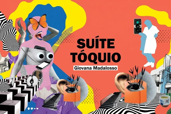 • Banner retangular em formato paisagem no estilo colagem moderna abstrata, inspirado no livro "Suíte Tóquio". Traz tons vibrantes de amarelo, coral e roxo, combinando figuras humanas estilizadas, uma borboleta laranja e elementos tecnológicos minimalistas em um fundo artístico contemporâneo.