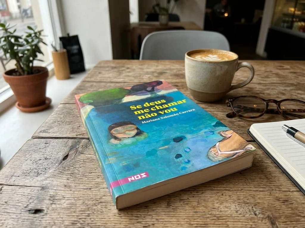 Livro “Se deus me chamar não vou”, de Mariana Salomão Carrara, sobre uma mesa de madeira rustica ao lado de uma xícara de café, caneta preta, óculos de grau e uma planta.