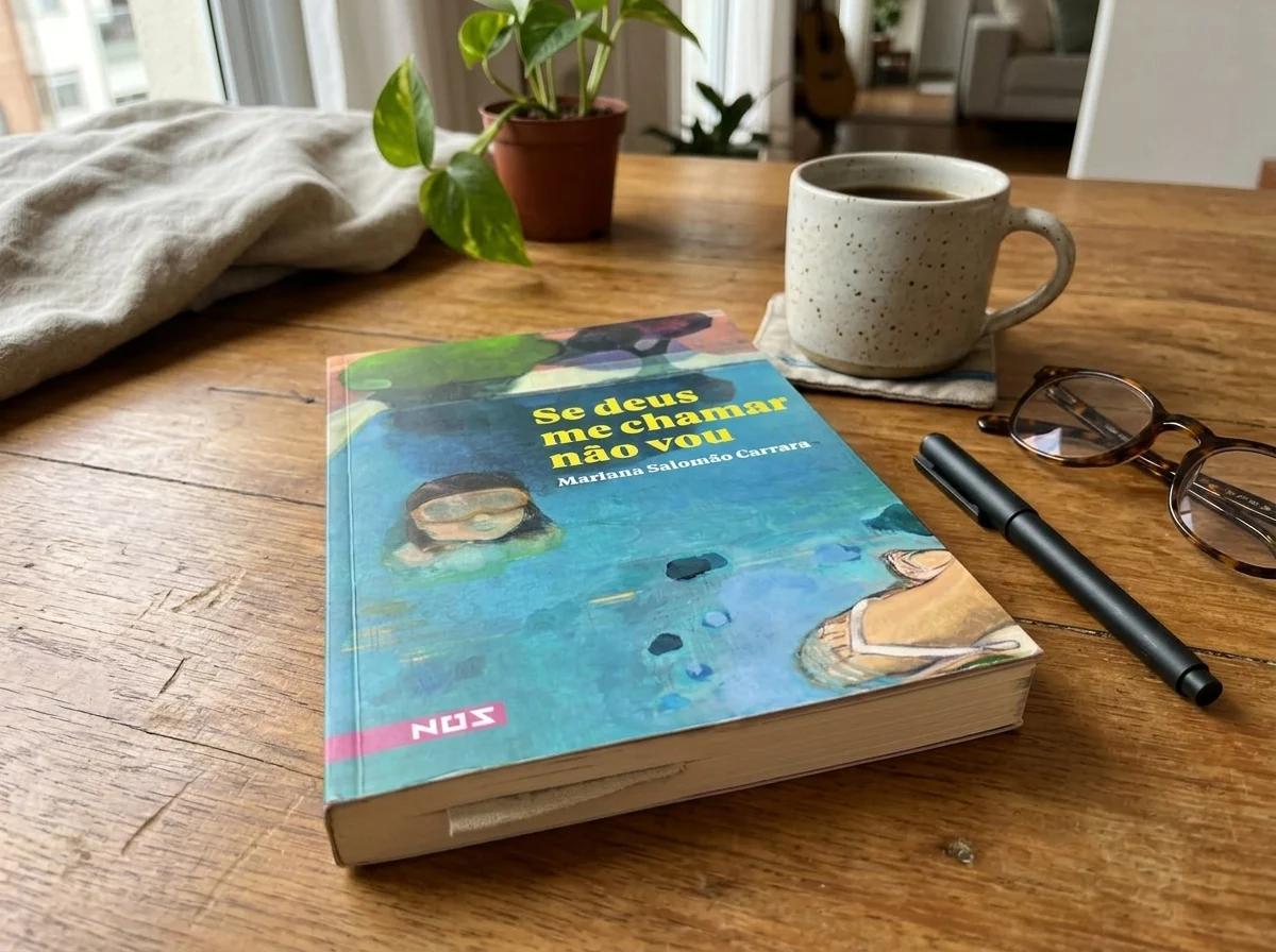 Livro “Se deus me chamar não vou”, de Mariana Salomão Carrara, aberto sobre uma mesa de madeira rústica de um café, ao lado de um latte, óculos e um caderno de notas aberto com caneta.