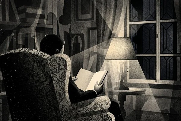 Ilustração de pessoa de costas em uma poltrona, lendo um livro de capa lisa à luz de um abajur