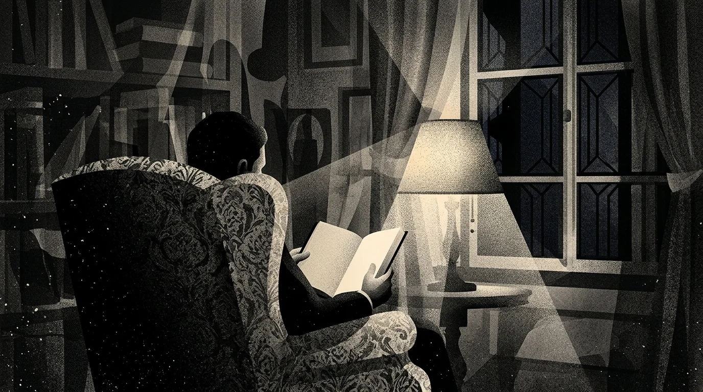 Ilustração de pessoa de costas em uma poltrona, lendo um livro de capa lisa à luz de um abajur