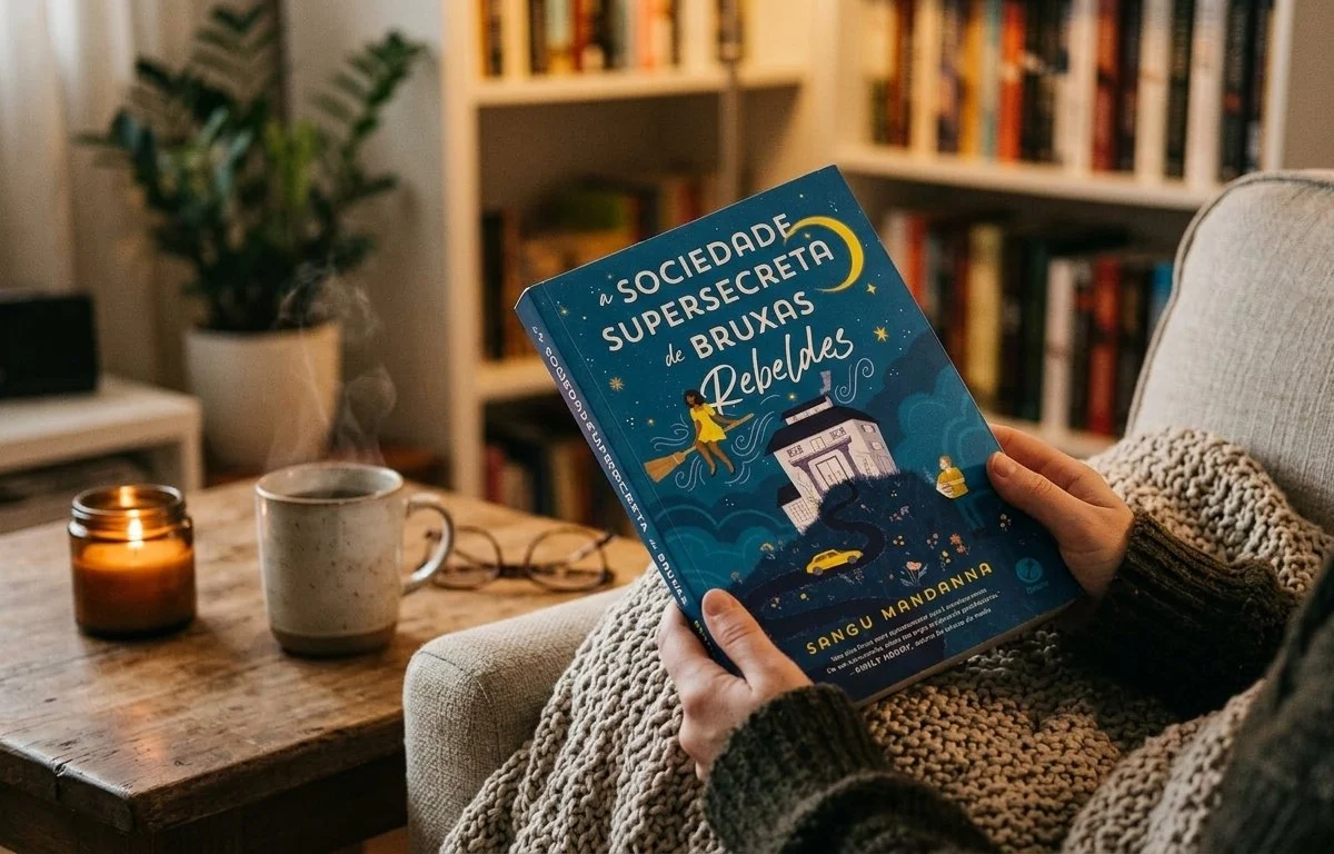Ilustração de uma poltrona de leitura junto à janela, à noite, com xícara, plantas e pilha de livros de capa lisa