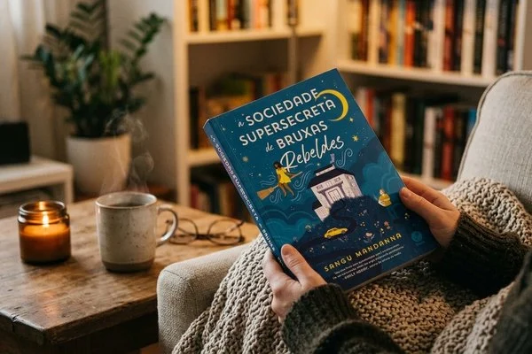 Ilustração de uma poltrona de leitura junto à janela, à noite, com xícara, plantas e pilha de livros de capa lisa